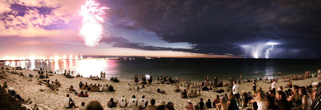 Comet and fireworks on the beach
