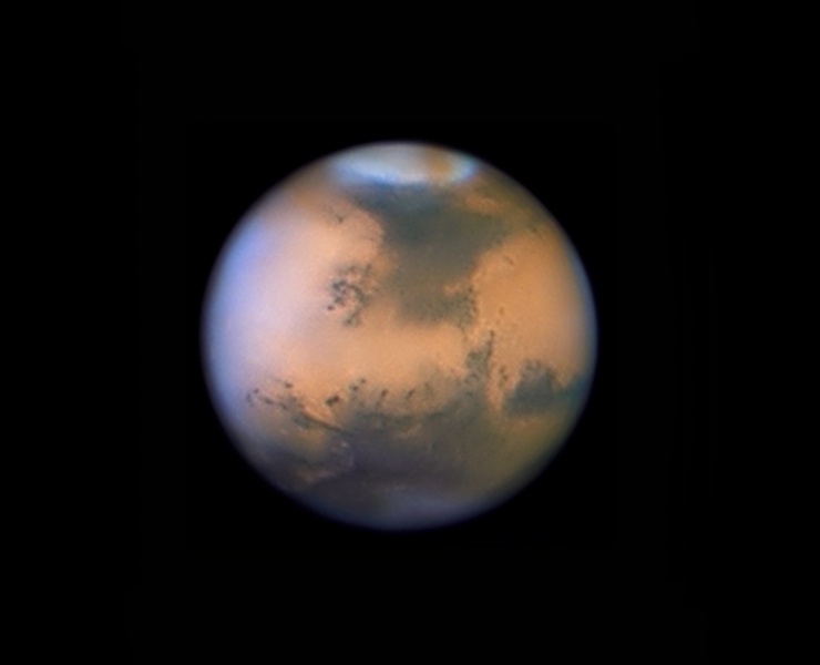 图片说明：火星上的沙尘暴，版权：Jean-Luc Dauvergne, Francois Colas, IMCCE/S2P, Obs. Midi-Pyrénées