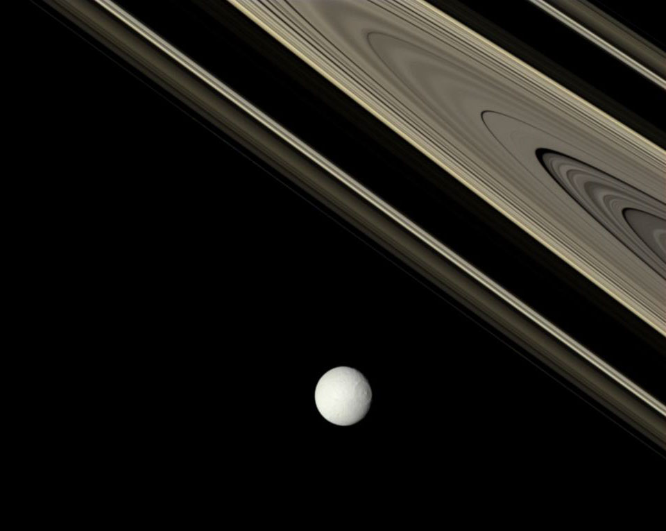 Saturno: el brillante Tethys y los antiguos anillos